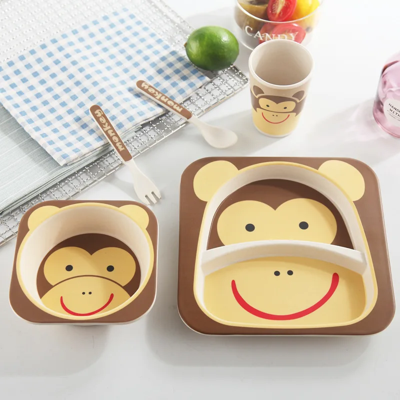 monkey 5 шт./компл. детская посуда набор посуды натуральная миска из бамбукового волокна с чашкой ложка тарелка вилка для кормления посуда для детей посуда для малышей - Цвет: monkey