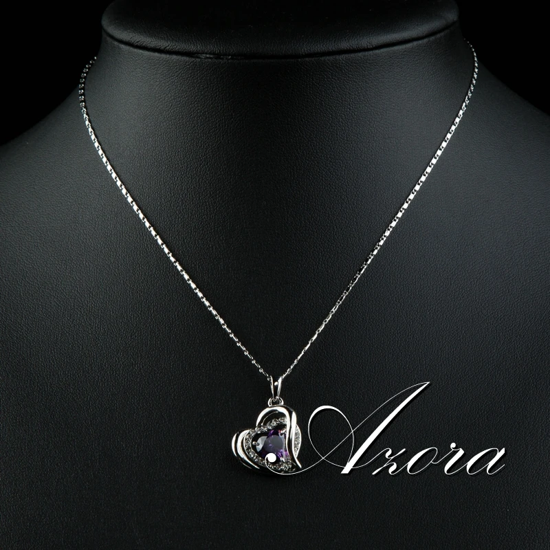 AZORA Forever Love три сердца суперпозиция романтический фиолетовый кубический цирконий кулон ожерелья на День Святого Валентина подарок TN0200