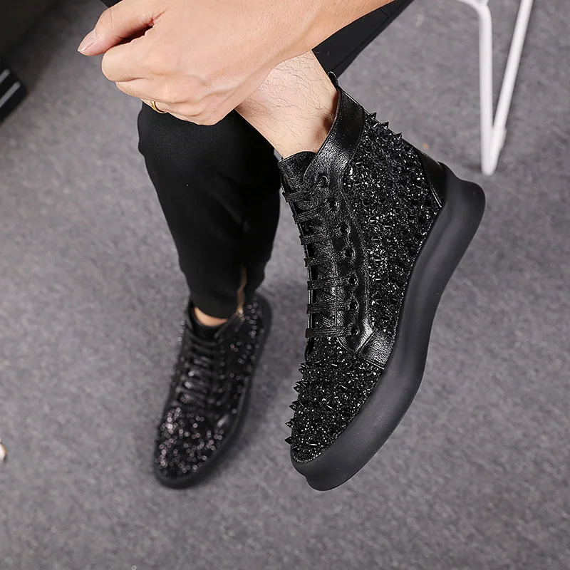 British luxury fashion men party banquet dresses soft leather rivet shoes flat platform shoe personality hip hop ankle boots man
