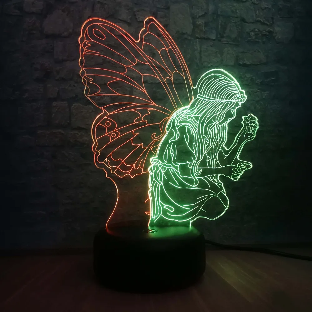 Смешанный Цвет Бабочка фея девушка крыло ночной Светильник 3D версия лампы ребенка Спящая Настольная лампа Декор на день рождения детей Подарки