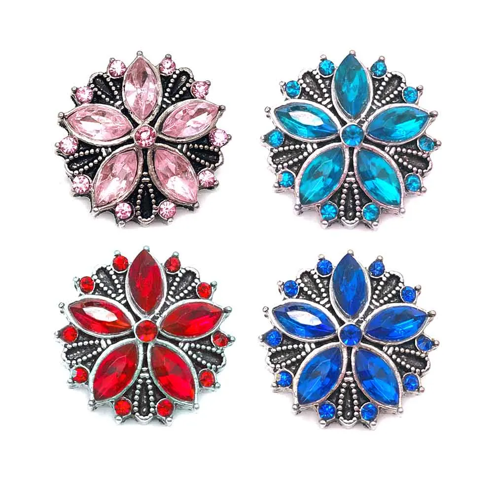 

Wholesale w009 flower 18mm 20mm rhinestone metal button for snap button Bracelet Necklace Jewelry For Women Silver jewelry