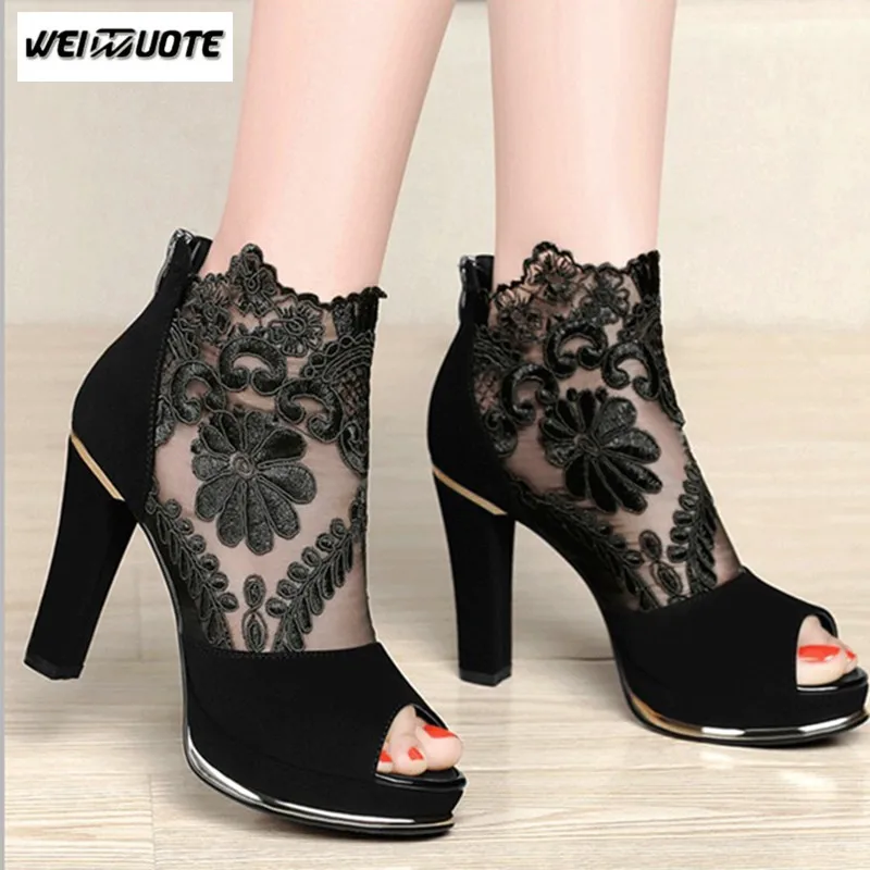 WEINUOTE Women Sandals New High-heeled Shoes Coarse Gauze Lace Fish Mouth Sexy Peep Toe | Обувь