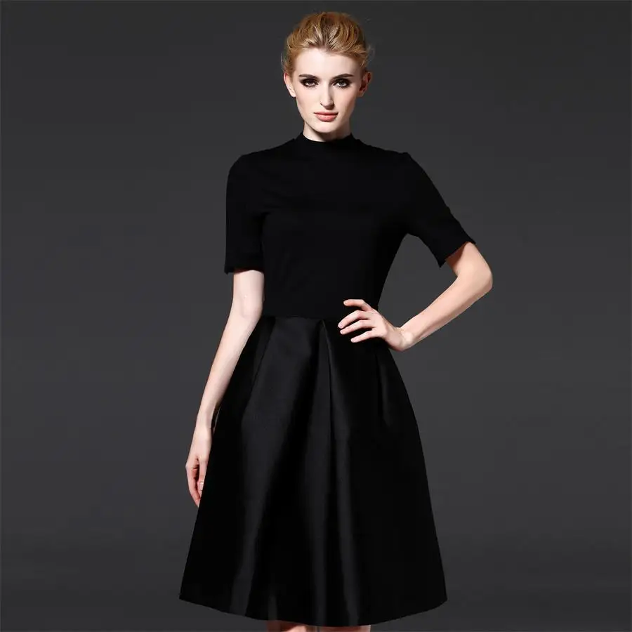 Autumn Style Elegant Party Dress High Quality Brand Women Black Short Sleeve O-neck A-line Slim Runway Dresses | Женская одежда