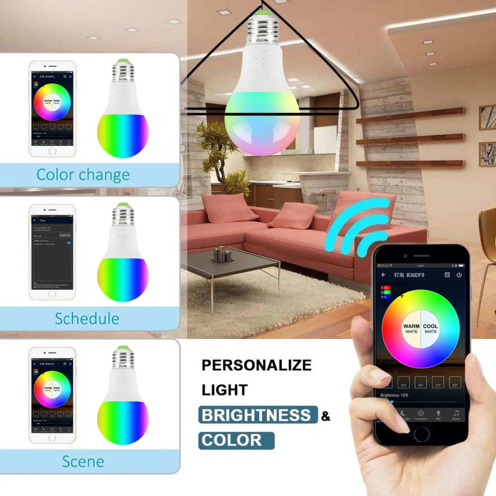 Новый WiFi Смарт светодиодные лампы E27 RGB Изменение цвета затемнения света