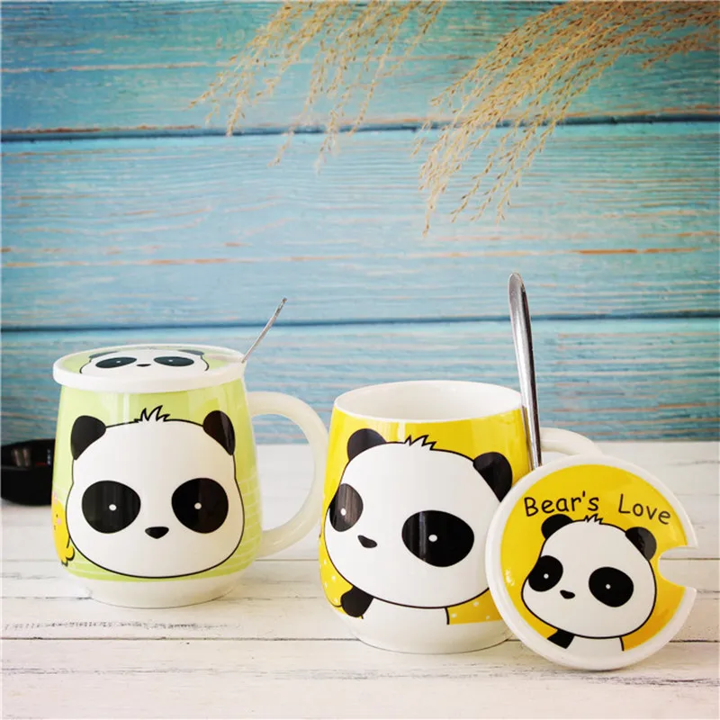 4 цвета Kawaii мультфильм панда кружки с ложкой керамическая чашка с крышкой бутылки для воды кружка для кофе, молока чай чашки любовник подарки на день рождения