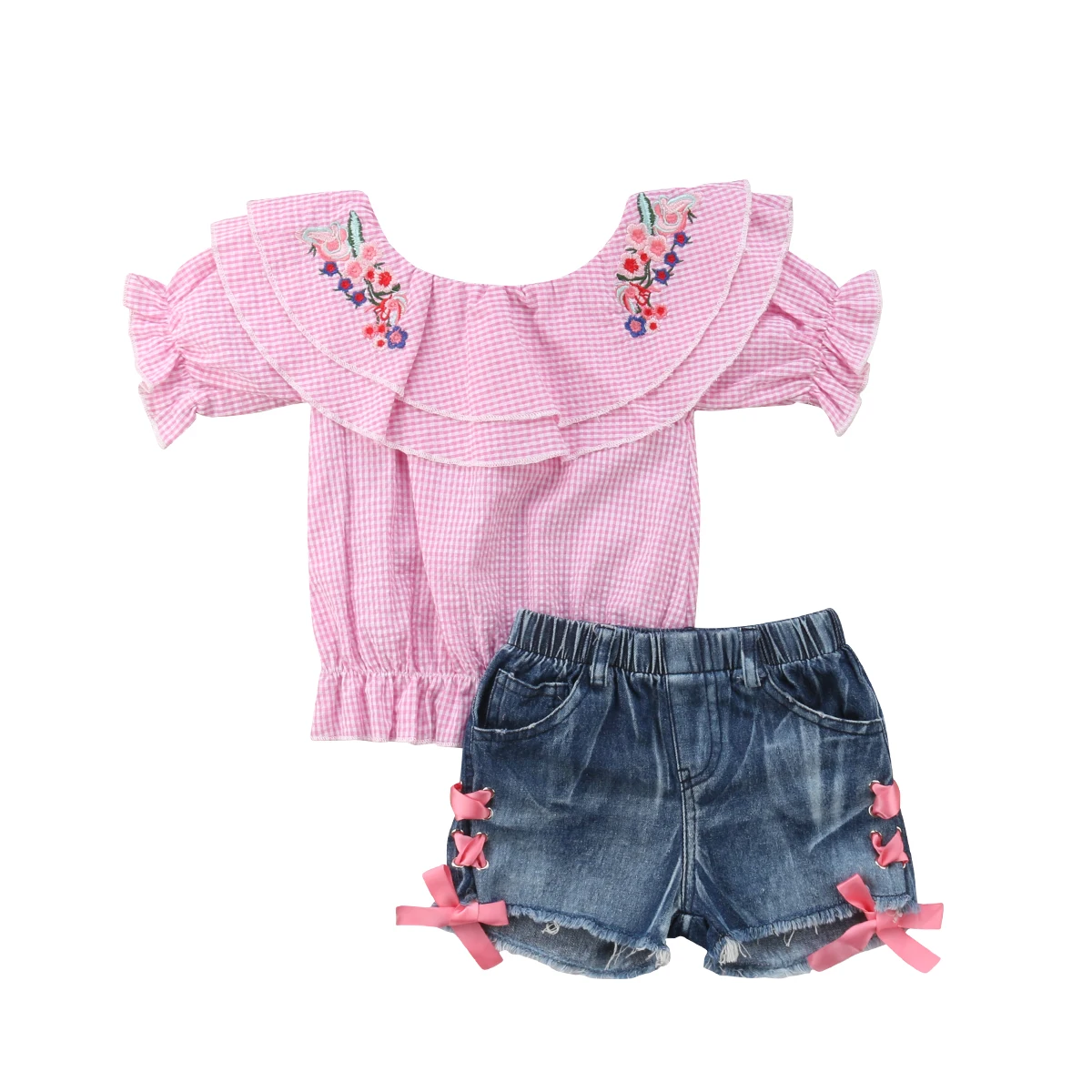 Canis Newborn Kid Baby Girls Off Shoulder Flower Tops Cloth Hot Pants Outfit Set Ruffles Adjustable Shorts 1-6Y Chi8ldren Cotton | Мать и