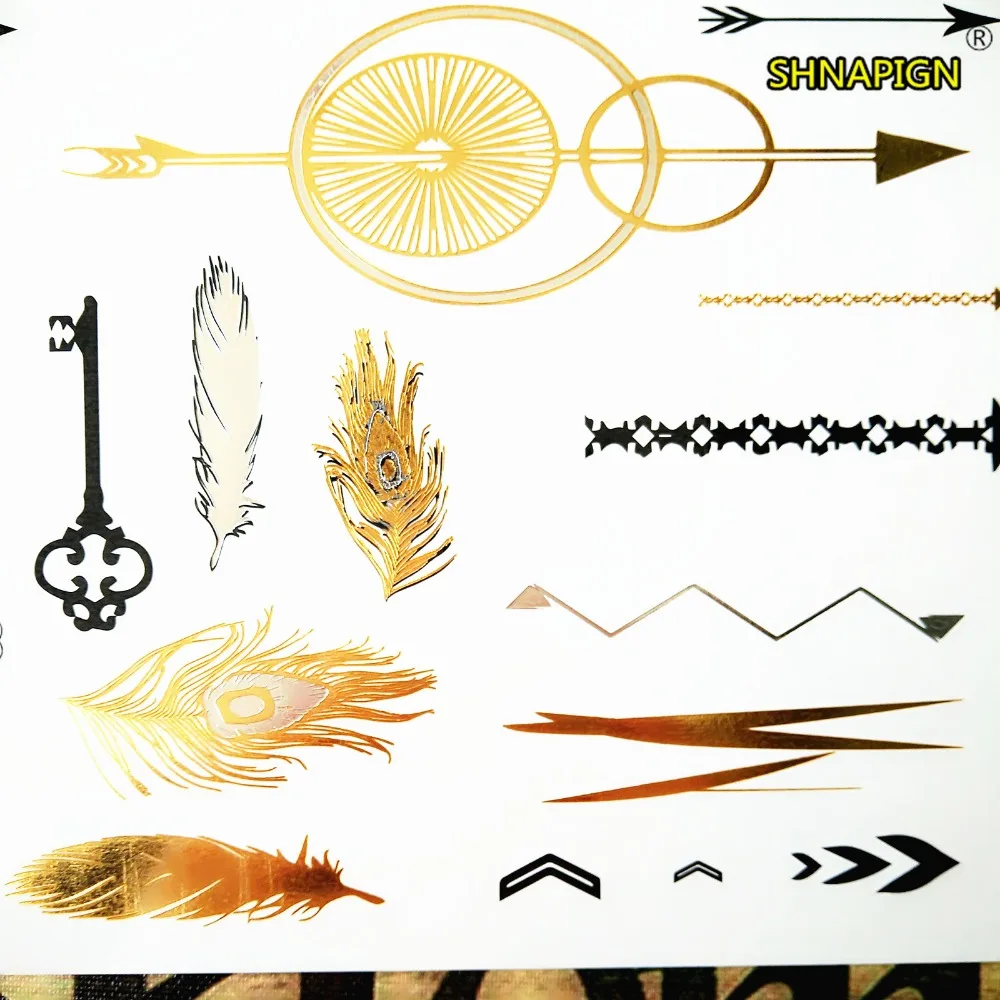 SHNAPIGN 24 стиль Временное боди арт большой золотой ключ перо дизайн флэш стикер