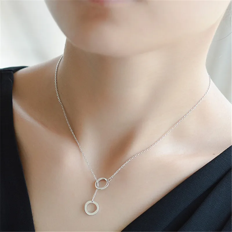 

925 Sterling Silver Necklaces For Women Double Circle Charm Necklaces & Pendants Statement Wedding Jewelry choker DZ771
