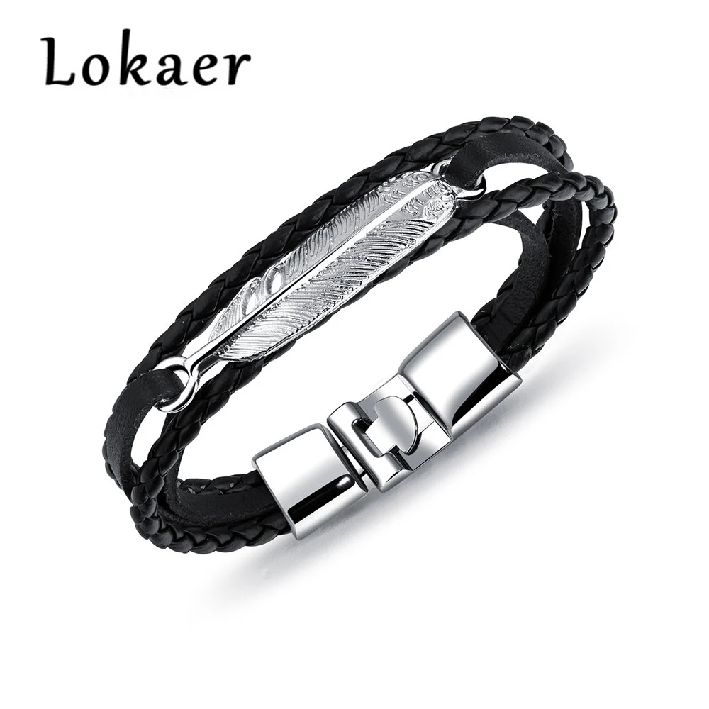 Lokaer Винтаж нержавеющая сталь перо обёрточная Бумага браслет для мужчин многослойные кожаные браслеты ручной работы ювелирные изделия OPH1258