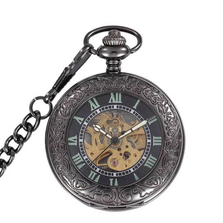 

Steampunk Skeleton Black Automatic Mechanical Pocket Watch Men Vintage Hand Wind Clock Necklace Pocket & Fob Watches With Chain