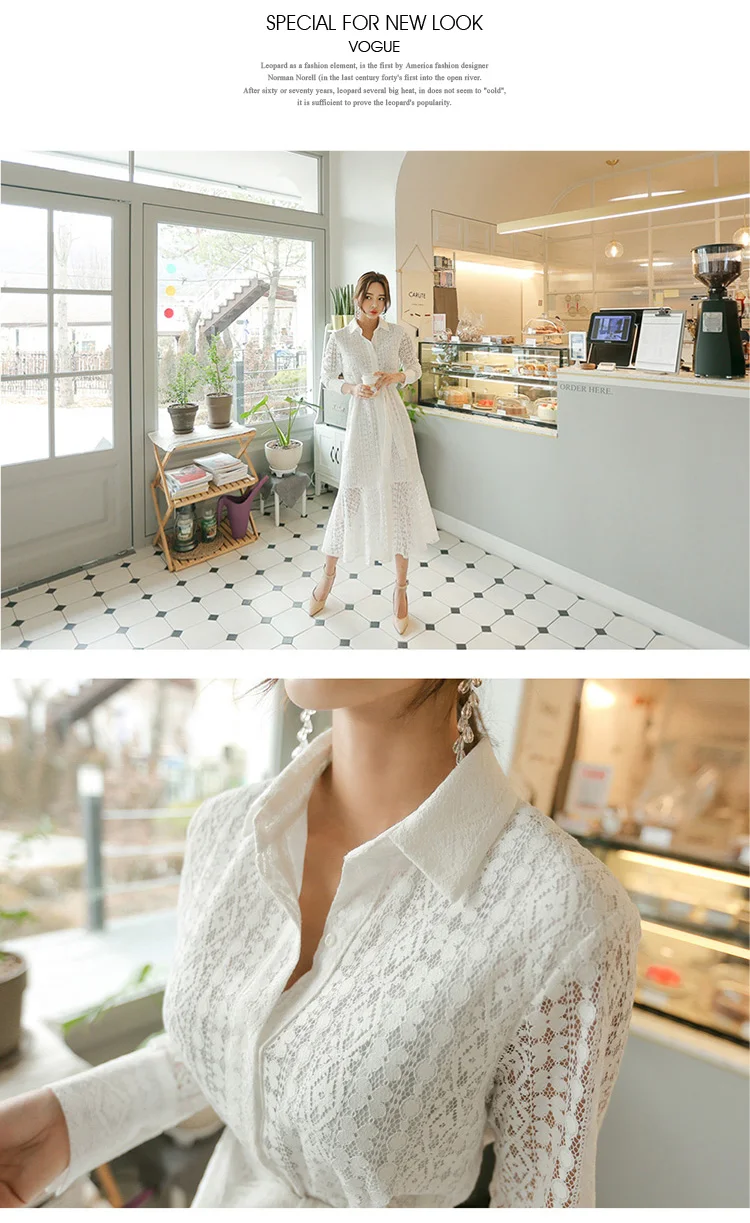 Весеннее винтажное открытое кружевное женское длинное платье с длинным рукавом однобортное платье-рубашка с разрезом женское платье-Русалка с поясом