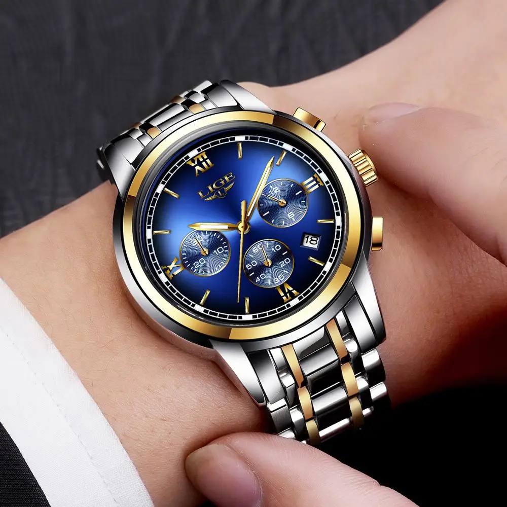 Montre Homme Часы мужские люксовый бренд LIGE Хронограф Мужские спортивные часы водонепроницаемые полностью Стальные кварцевые мужские часы Relogio Masculino