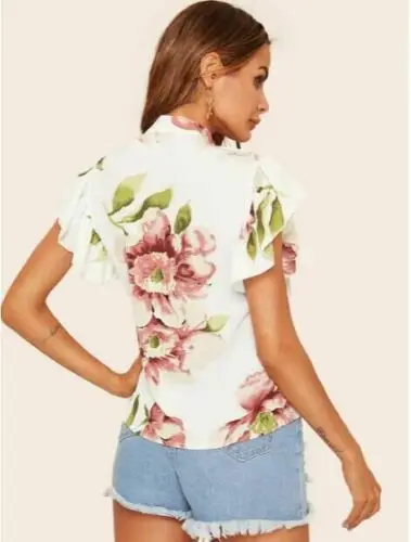 

2019 Women Ladies Short Sleeve Casual Chiffon Shirt Floral Blouse Tops Loose Summer