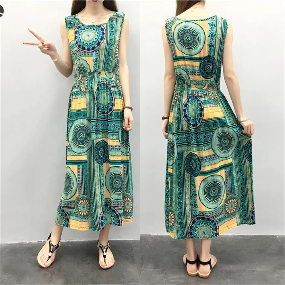 Летние богемные женские платья с О-образный воротник без рукавов женский Платье