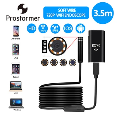 PROSTORMER 8 мм эндоскоп с Wi-Fi и Камера 720/1200P бороскоп Softwire Водонепроницаемый мини-эндоскоп для Android iphone 2/3. 5/5/10M 3 - Цвет: 720P softwire 3.5M