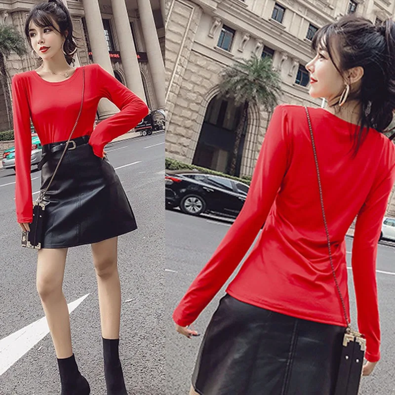 Женская Однотонная футболка с круглым вырезом Повседневная Базовая длинными