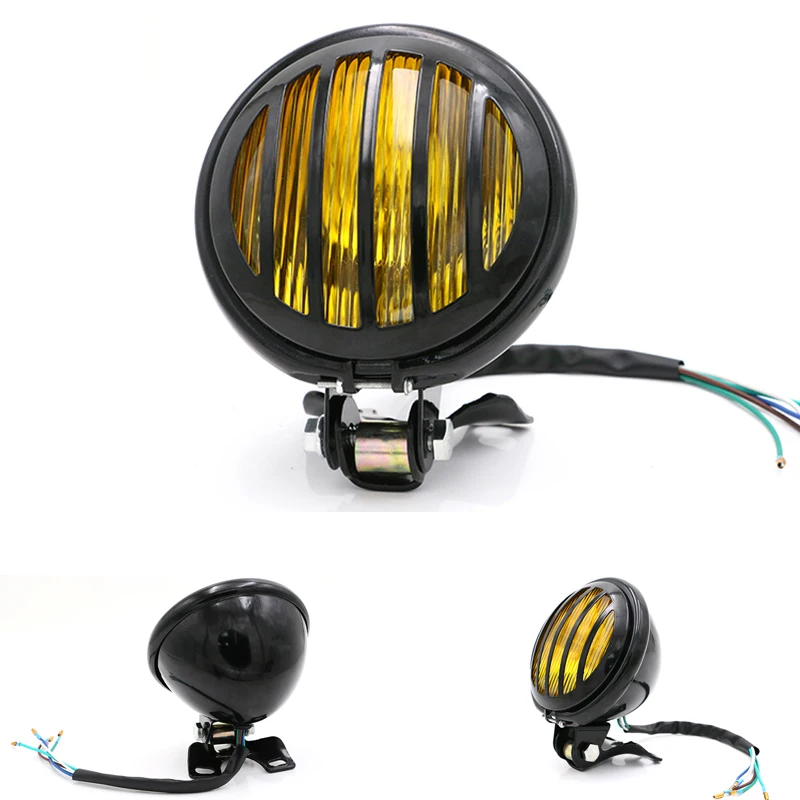 

Motorcycle Retro Grid Headlight Scooter Black Net Headlamp Motorbike Universal Guard Front Light Motor DC 12V Grill Lamp Bulb