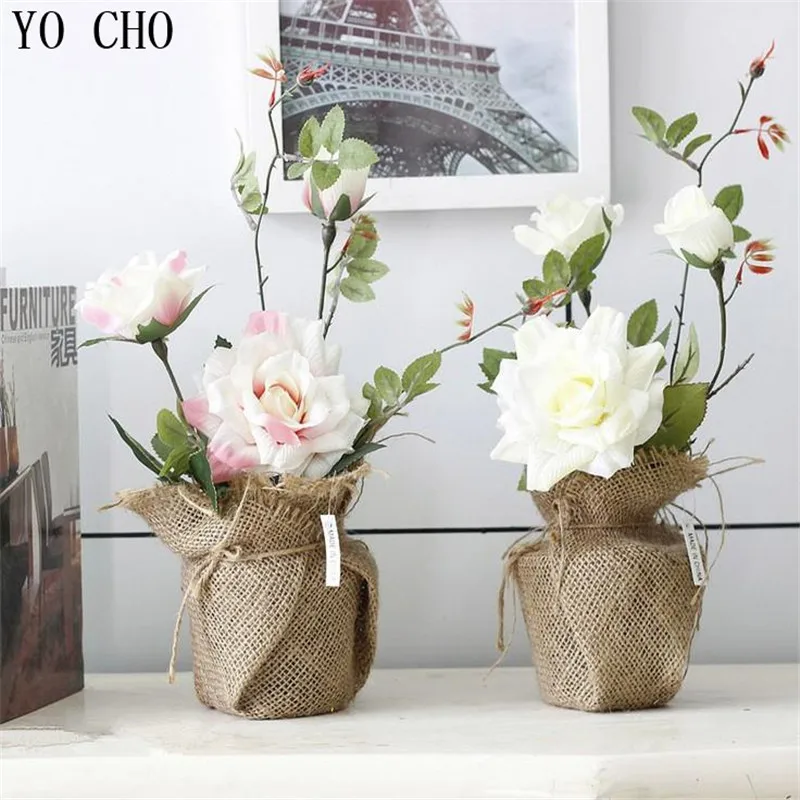 Оптовая продажа искусственные розы в горшках льняная упаковка с вазой подарок