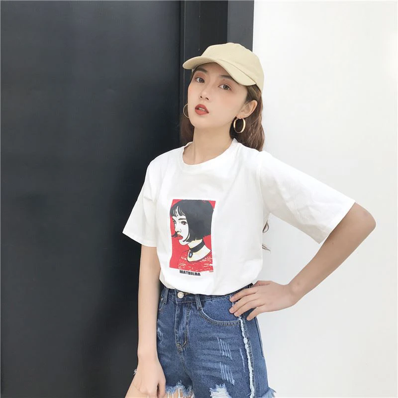Kawii милый Mathilda Leon Профессиональный Весна и Лето Южная Корея ulzzang Harajuku стиль голова портрет свободная футболка femal