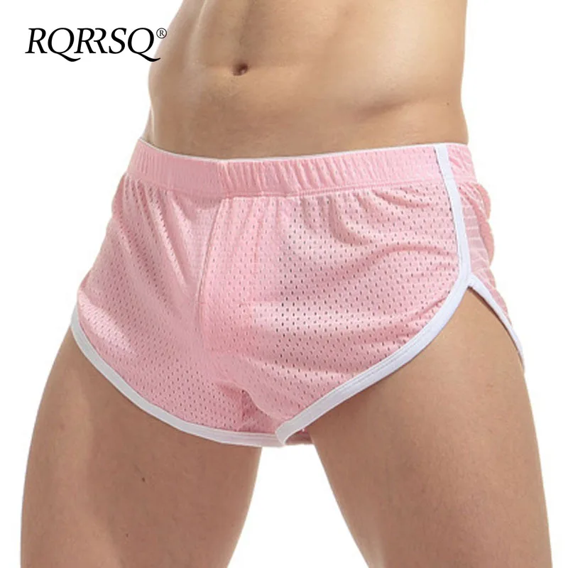 pink RQRRSQ, Мужская пижама с разрезом по бокам, Hombre, сексуальная, средняя посадка, нейлон, мужская, s, спальная подошва, дышащая, Homme, Мужская домашняя одежда, Повседневные Шорты Для Сна - Цвет: pink
