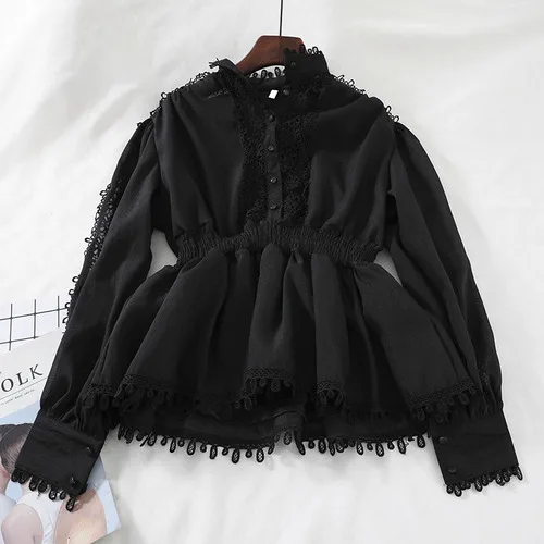 black blouse Neploe/женские блузки и топы в Корейском стиле с длинными рукавами, лоскутные кружевные рубашки, белая блузка, открытая туника, рубашка, Женская шикарная блуза, 90226 - Color: black blouse