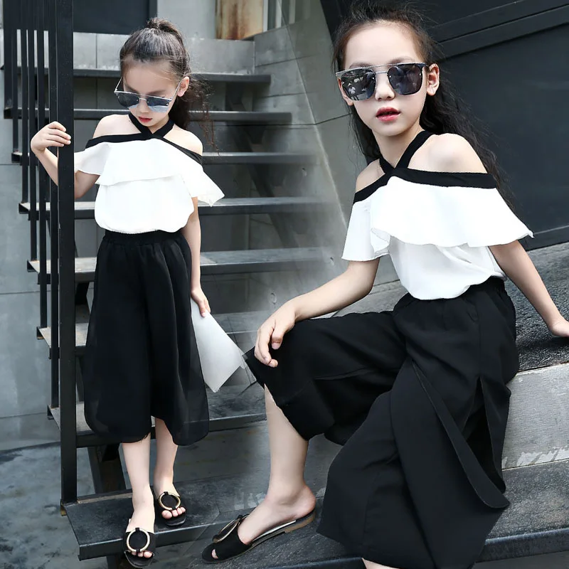 white black Детский костюм комплект одежды для девочек-подростков, летний костюм из короткой футболки с цветочным принтом и штанов спортивный костюм для девочек комплект одежды для детей возрастом от 10 до 12 лет - Цвет: white black