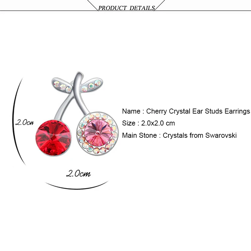 Серьги гвоздики BeBella cherry с кристаллами Swarovski оригинальные модные ювелирные