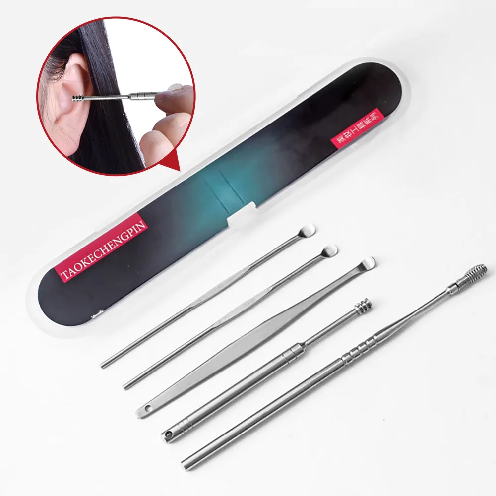 Silver 5pcs BREYLEE 5 шт. Антибактериальная Ушная ложка для удаления ушной серы из нержавеющей стали ушной воск инструмент для очистки спиральных ушных ушей уход за ушными ушами очиститель для ушей - Цвет: Silver 5pcs