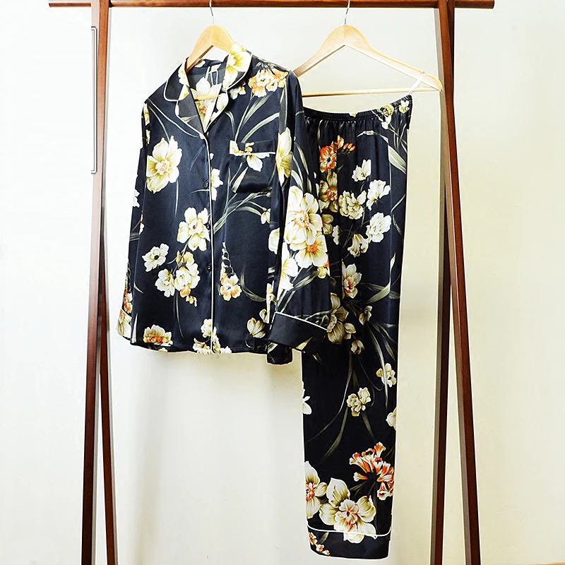 Pajamas Women Robe Sets 100% Silk Printed Fabric Sleepwear Two Pieces Set Turn-down Collar Elastic Waist Nightgown Suits