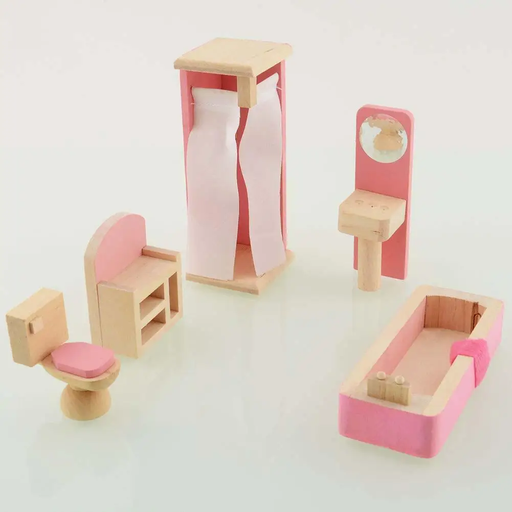 

Wooden Dolls House Furniture Miniature Bathroom For Kids ChildrenToy Gift Hot