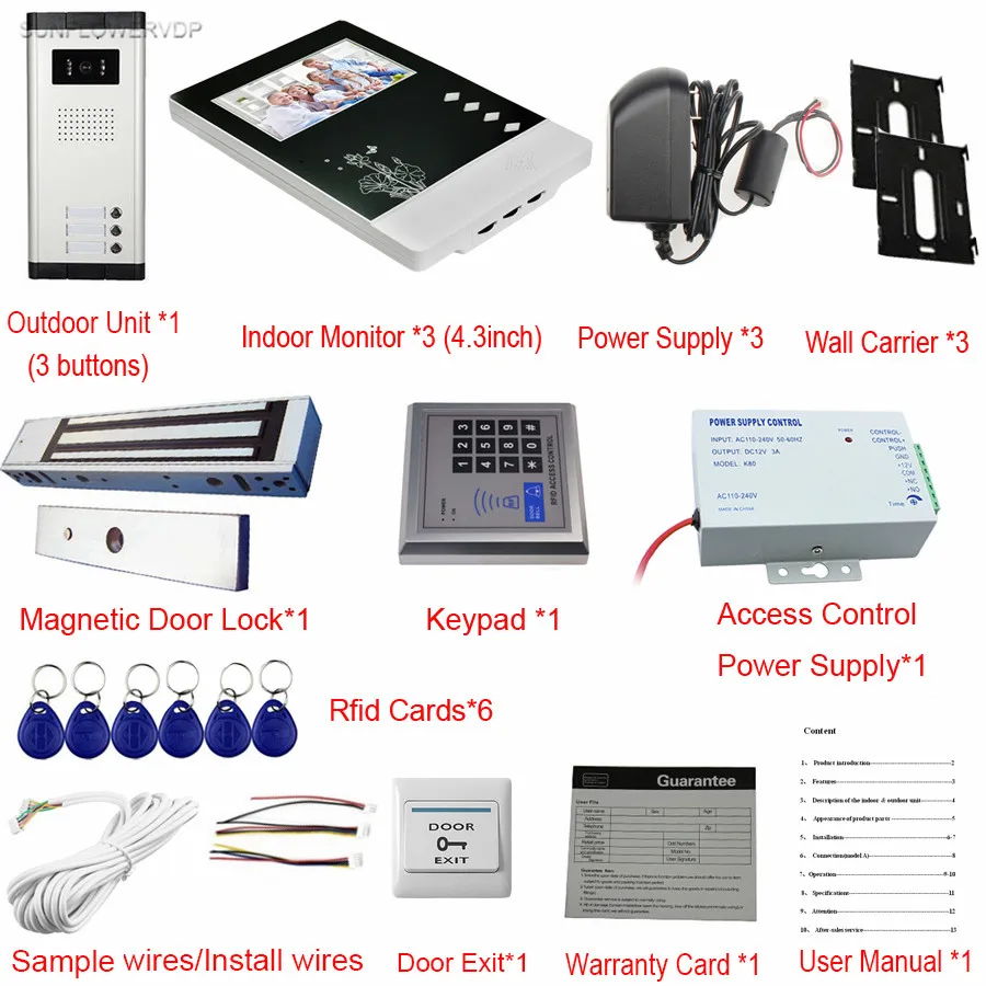 Домофон с Rfid клавиатурой 3 клавиши 4 дюйма замком|video intercom|3 unitdoor phone |