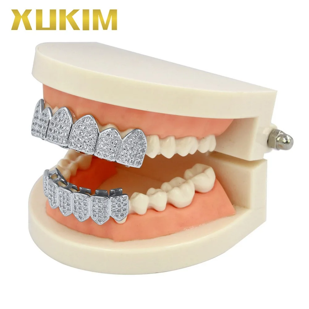 Xukim ювелирные изделия Bling Bing серебряный золотой цвет Цирконий льдом сверху и снизу зубы Grillz Вампира Клыки Рэпер Хип-хоп ювелирные изделия подарок