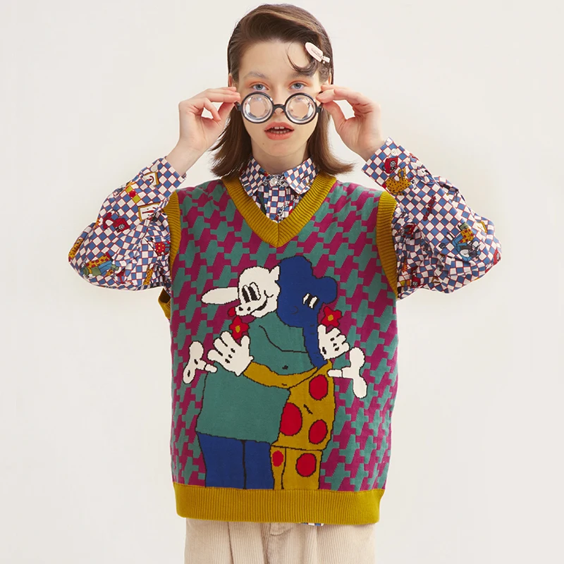 

Fall And Winter New Design Harajuku Playful Women Loose Sweater Vneck Sleeveless Knitted Vest Pullover Sweaters Cotton
