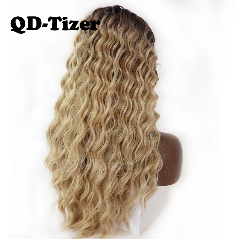 QD-Tizer светлые волосы длинные кудрявые Омбре блонд парик на кружеве бесклеевой темный корень синтетические парики на кружеве для черных женщин
