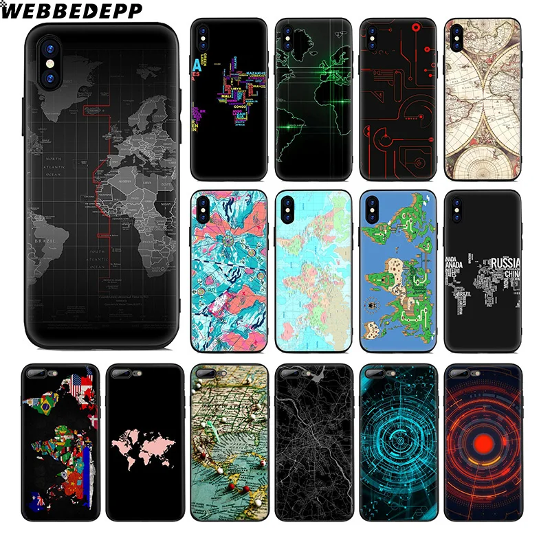 Накладка WEBBEDEPP с мягким силиконовым чехлом "Карта мира" для Apple iPhone 11 Pro Xr Xs Max X или 10 8 7 6 6S Plus 5 5S SE TPU на.
