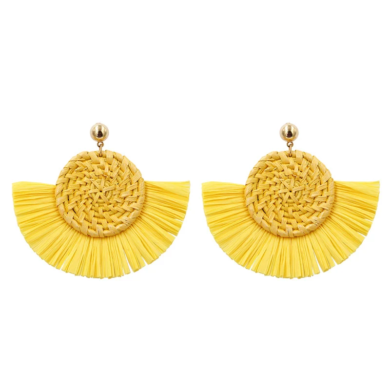 A23755-Yellow Леопардовые плетеные Висячие серьги для женщин, богемная кисточка из рафии, серьги с геометрическим плетением из ротанга, трендовые серьги - Окраска металла: A23755-Yellow