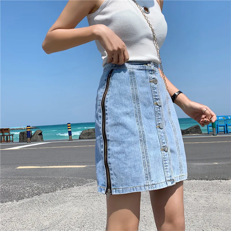 S XL 2019 лето в Корейском стиле однобортный высокая талия джинсовые юбки Молния