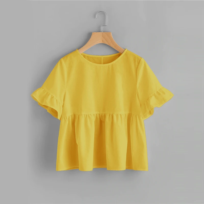 SHEIN, милый розовый топ с манжетами и рюшами, женская блузка, расклешенный подол, круглый вырез, короткий рукав, летние свободные женские топы и блузки
