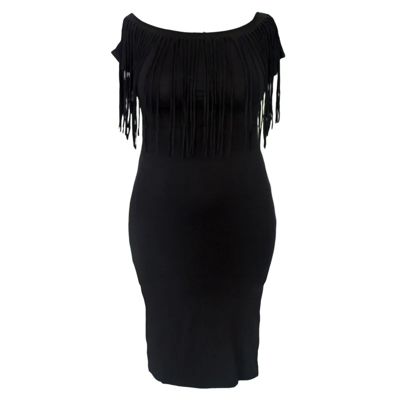 Розовый Черный Коротким Рукавом Fringe Топ Плюс Размер Платья Новый год Slash Шеи