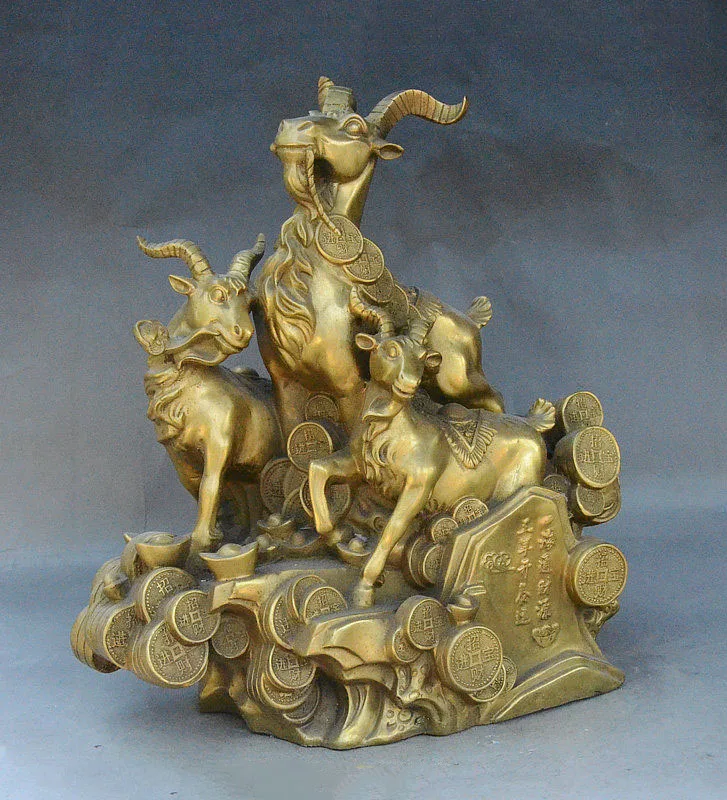 

Christmas 15" Rare China fengshui Brass Zodiac animal 3 Sheep Goat Carry Coin Ruyi Statue Halloween