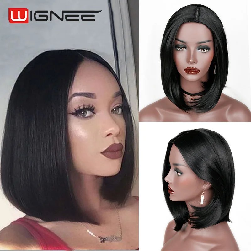 Natural Black Wignee короткие прямые волосы синтетический боб парики Смешанные фиолетовый/розовый/синий/натуральный черный парик цвета радуги Glueless косплей женские волосы парики - Цвет: Natural Black