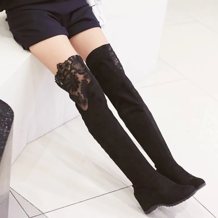 Autumn Winter Women's Suede Over The Knee Long Boots Plus Size Sweet Lace Lady Height Increasing Spring Thigh High | Обувь