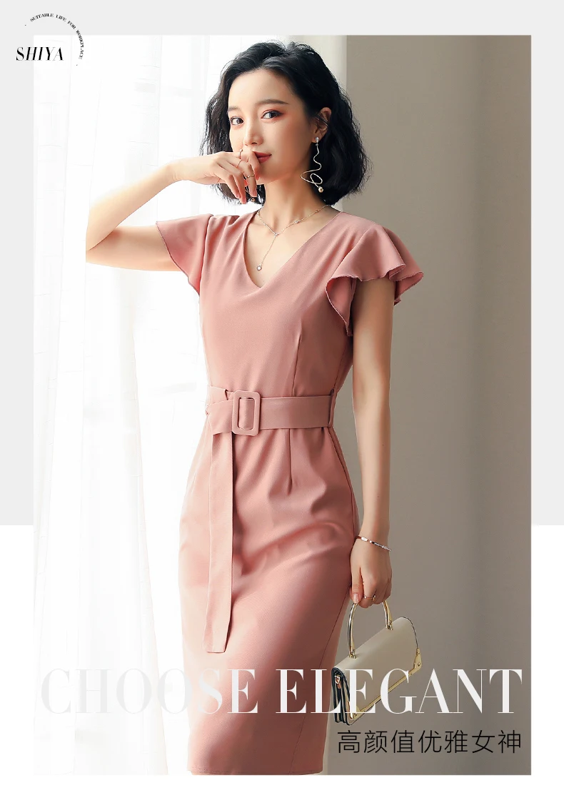 

Women Elegant Wear to Work Office Ladies OL Dress Slim Midi Pencil Dresses with Belt Vestidos Robe Femme
