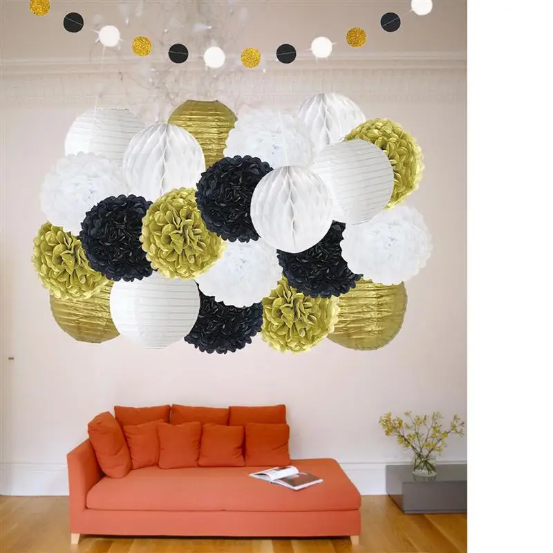 FunPa 22PCS Party Tissue Pom Poms Decorations Paper Balls With Lanterns Honeycomb Hanging Garland Decor | Дом и сад