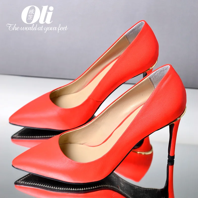 

Watermelon red pointed toe high-heeled shoes orange sexy metal decoration single shoes sheepskin 8cm handmade women's thin heels