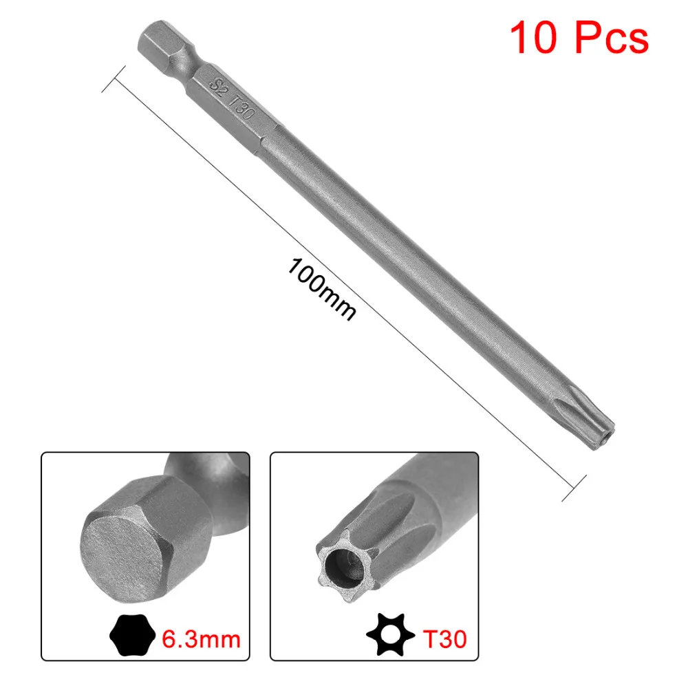 

UXCELL 10pcs T30 1/4" Torx Head Security Screwdriver Bits Magnetic 100mm Hex Shank S2 High Alloy Steel Torx Screwdriver