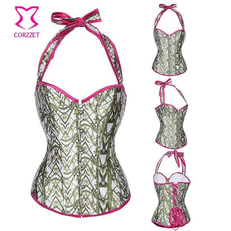 

Corzzet Gothic Brown Tree Leaves Print Halter Overbust Corset Top Femme Steampunk Sexy Lingerie Bodyshaper Victorian Waist Korse