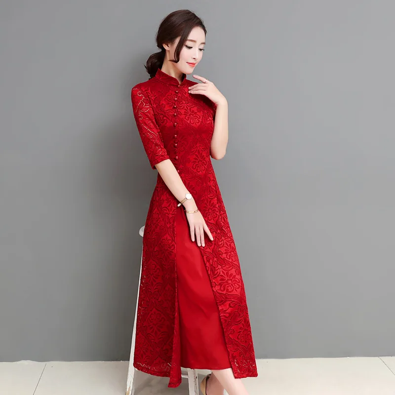 Длинное кружевное платье qipao достойная атмосфера для девочек китайский стиль