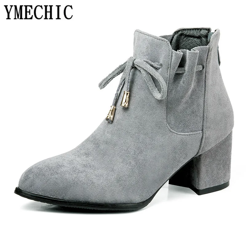 YMECHIC 2018 модные замшевые ботильоны на высоком блочном каблуке желтые серые черные