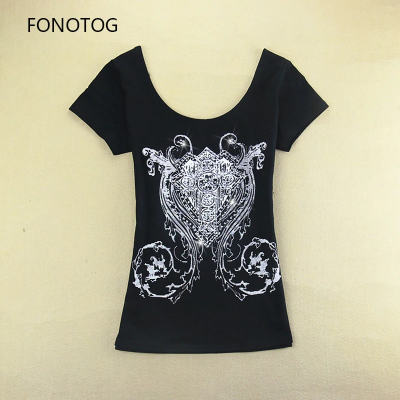 2018 spring and summer new Korean version of the diamond print fashion tight U-neck short sleeve tee women's half tide | Женская